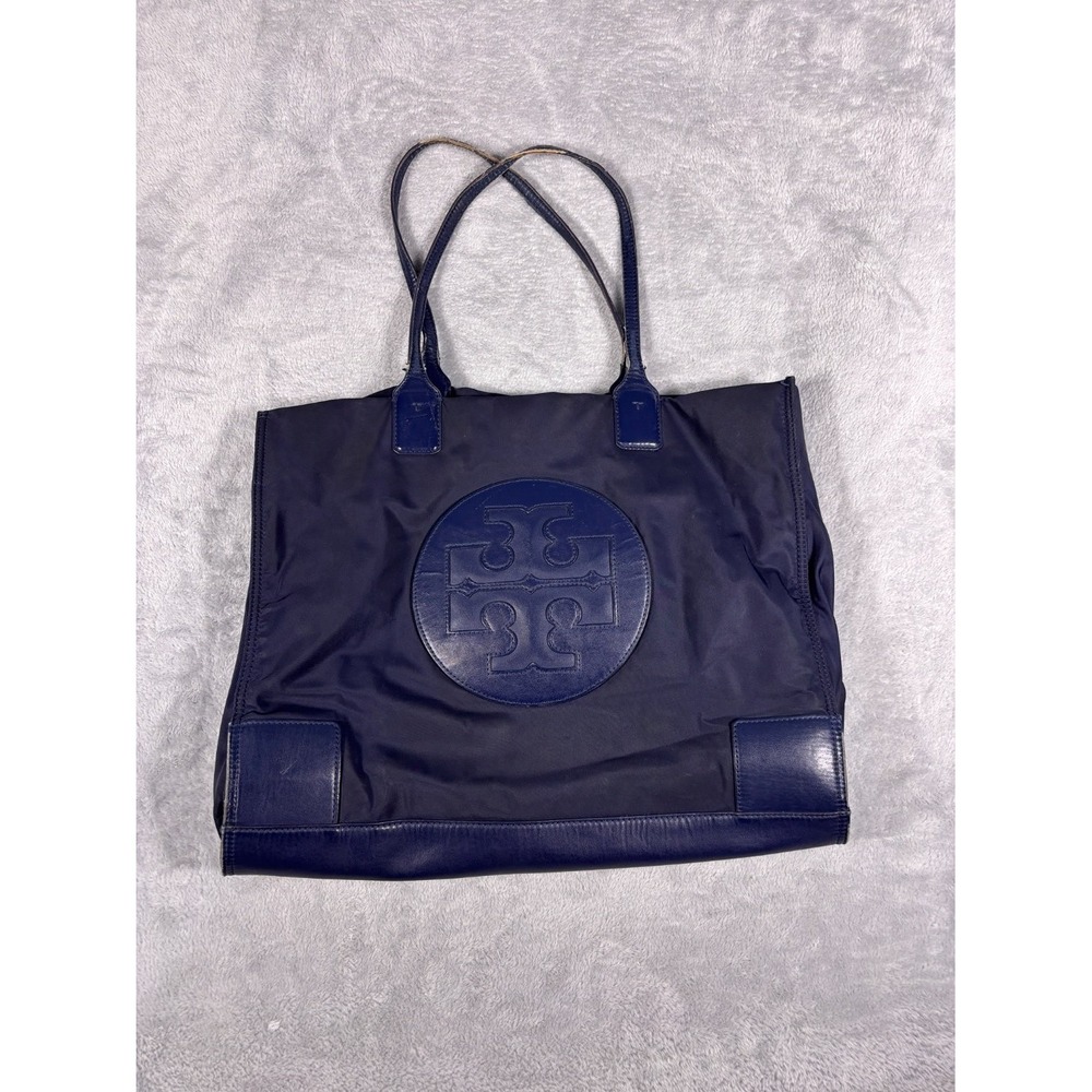 Tory Burch Ella Tote Bag Large Blue Nylon Leather Trim Shoulder Bag